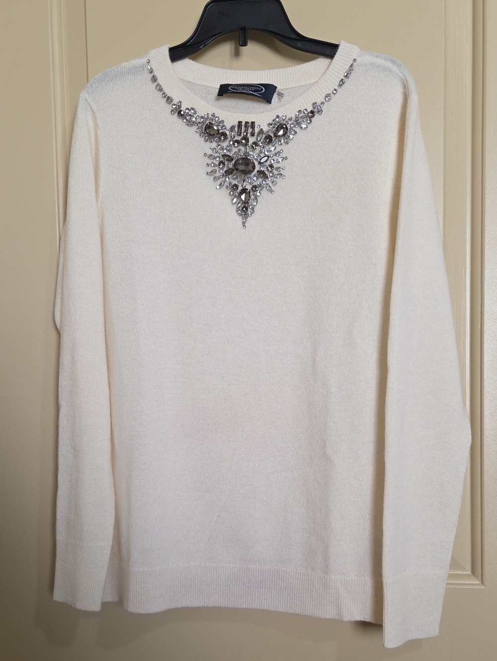 Magaschoni Cashmere  Women Cream Crewneck Sweater Jewel-Embellished